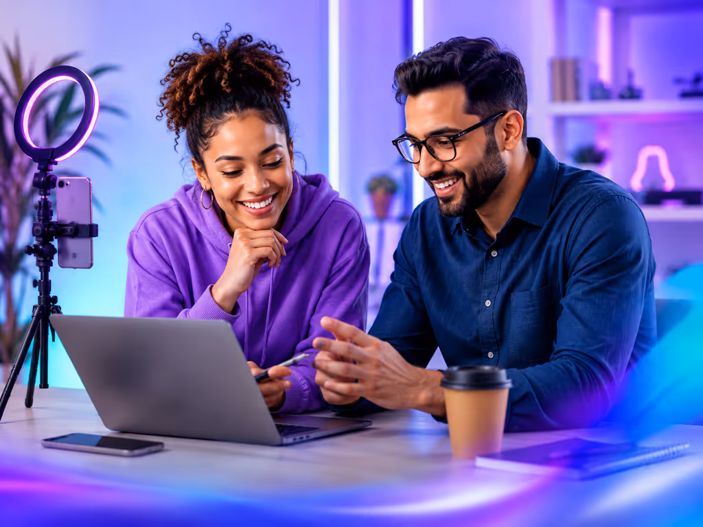 Business representative and content creator reviewing a campaign together on a laptop