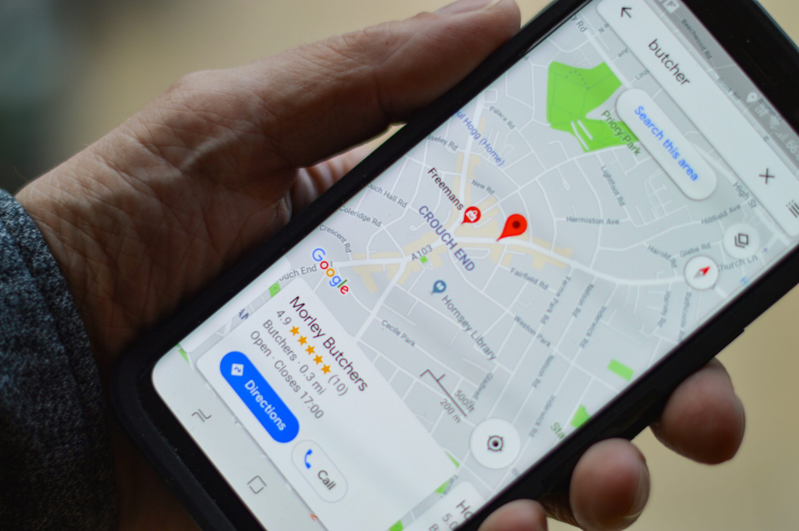Google Maps search results displayed on a smartphone, illustrating how Google Business Profile rankings appear in local search.