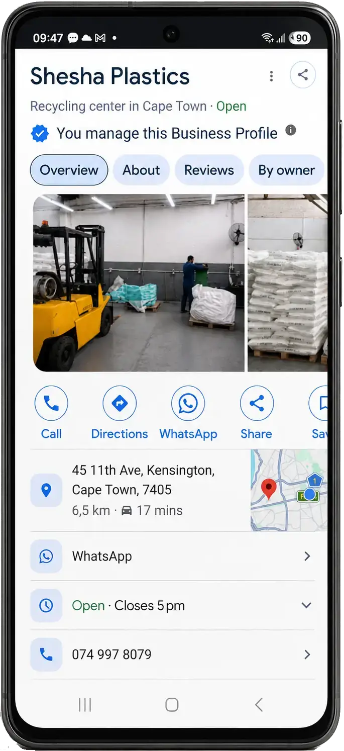 Shesha Plastics Google Business Profile displayed on a mobile device